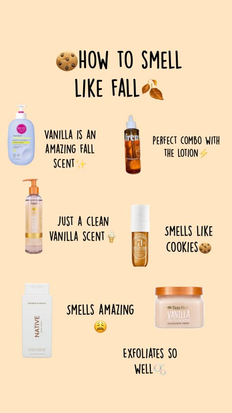 Fall Scented Body Wash, Fall Hygiene Products, Fall Shower Routine, Fall Body Care, Hygiene Must Haves, Fall Smells, Fall Perfume, Scent Combos, Vanilla Smell