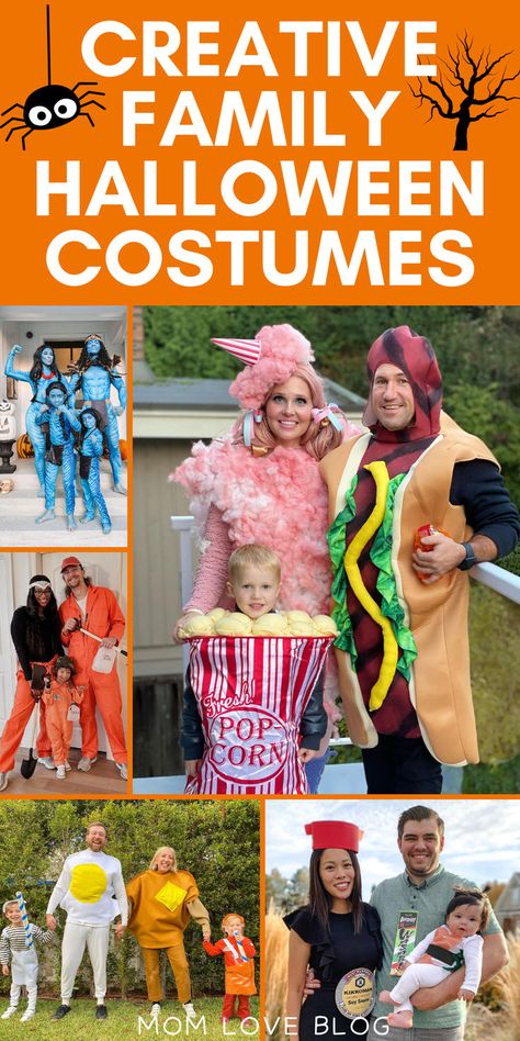 Collage of the most creative and unique family Halloween costumes. Family Group Costume Ideas, Family Halloween Costumes Unique, Unique Family Costumes For Four, Halloween Costumes For A Family Of Four, Family Costume With Toddler, Family Costumes With Baby And Toddler, Family Costumes For 6 People, Creative Family Costumes, Family Of 5 Costumes