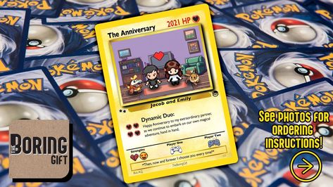 A super unique gift for the person who has everything, this anniversary-themed Pokemon card has interchangable characters and can be customized with your names too. Will You Be My Padrino Ideas, Pokemon Valentine Cards, 1st Anniversary Gifts For Him, Pokemon Valentine, Pokemon Couples, Diy Christmas Gift Ideas, Pokemon Blue, Books Ideas, Pixel Art Games