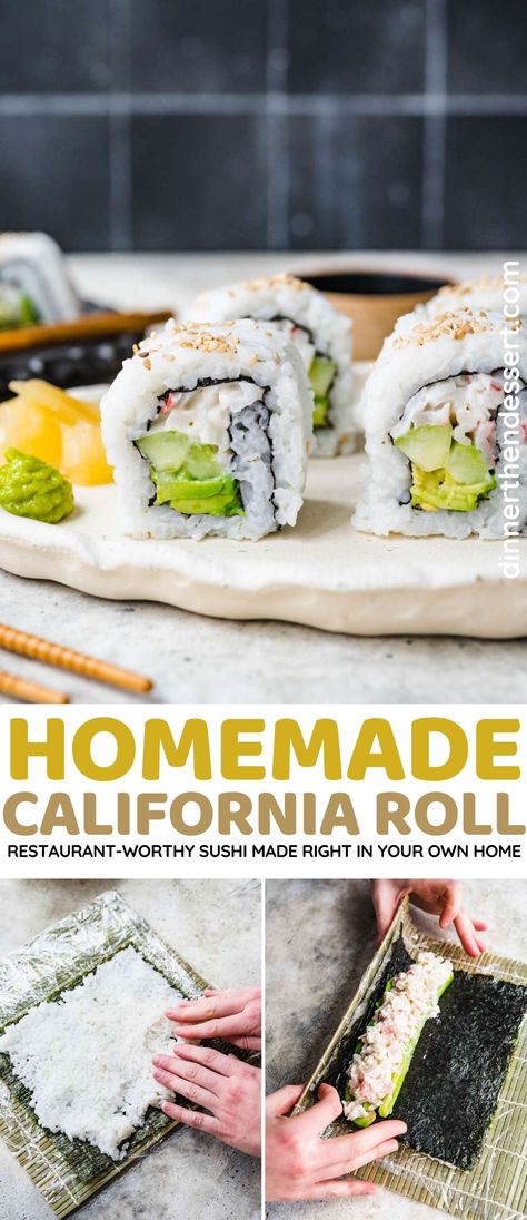 This California Roll is the perfect recipe for making restaurant-worthy sushi at home with real crab meat, avocado, and authentic sushi rice. Sushi Recipes California Roll, California Roll Recipes, Easy Sushi Rolls, Spicy California Roll, Heathy Recipe, Homemade Sushi Rolls, Sushi Fillings, Crab Sushi, California Roll Sushi