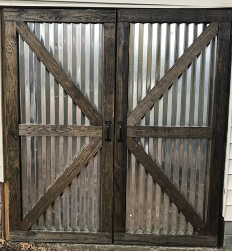 Horse Barn Roll Up Doors, Outside Barn Doors, Diy Barn Door Cheap, Exterior Barn Doors, Bin Shed, Diy Sliding Barn Door, Diy Barn, Shed Doors, Metal Barn