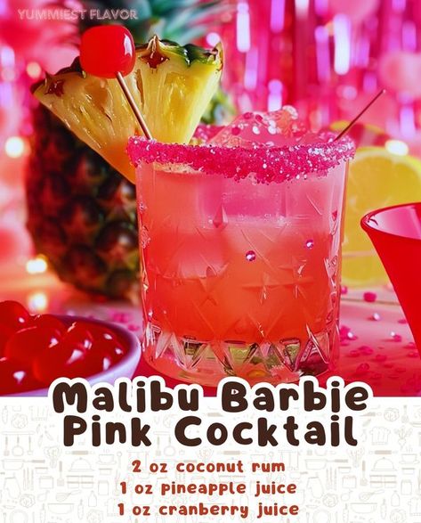 Yumtastic Recipes | 🍹💗Malibu Barbie Pink Cocktail💗🍹 | Facebook Malibu Barbie Pink Cocktail, Malibu Barbie Cocktail, Malibu Barbie Drink, Barbie Cocktail Drink, Barbie Cocktail, Pink Cocktails, Themed Drinks, Cocktail Ingredients, Malibu Barbie