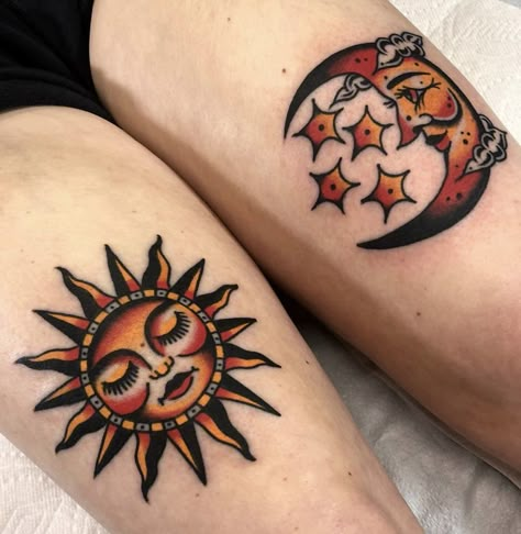 American Traditional Symmetrical Tattoos, American Traditional Ouija Tattoo, Heart Eye Tattoo Traditional, Matching Above Knee Tattoo, American Traditional Sea Turtle Tattoo, Matching Knee Tattoos Women, Neo Traditional Sun And Moon Tattoo, American Traditional Tattoo Feminine, Sun And Moon Knee Tattoo