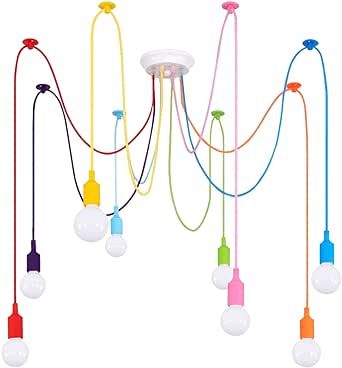 A unique and fun light fixture to add personality to any room. Chandelier Playroom, Playroom Light Fixture, Chandelier Colorful, Uni Apartment, Kids Room Chandelier, Colorful Spider, Spider Chandelier, Kids Ceiling, Diy Pendant Lamp