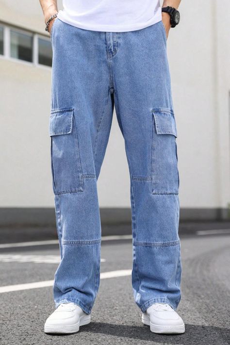 This men's cargo jeans is made of denim and cotton and is very comfortable to wear. It has a waistband that is comfortable and makes you feel comfortable all day long. #men #cargo #jeans #blue Cargo Jeans Outfit, Denim Pants Outfit, Blue Cargo Pants, Jeans Outfit Men, Streetwear For Men, Blue Bodycon, Pants Outfit Men, Blue Bodycon Dress, Clothing Model