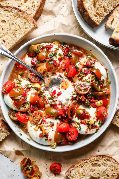 Calabrian Chili and Burrata Appetizer - Cooking for Keeps Chili Appetizer, Burrata Appetizer, Classic Bruschetta, Burrata Recipe, Chili Pasta, Calabrian Chili, Tomato Bruschetta, Whole Roasted Cauliflower, Hot Bread