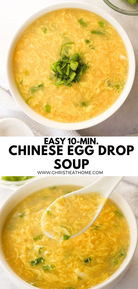 Easy 10-min. Egg Drop Soup. A delicious soup made of hot chicken broth with silky eggs seasoned with sesame oil and green onions. A popular soup in Chinese cuisine. Chinese Egg Drop Soup, Homemade Egg Drop Soup, Chinese Soups, Asian Soup Recipes, Chinese Soup Recipes, Glo Girl, Chinese Egg, Chinese Cooking Recipes, Egg Drop Soup