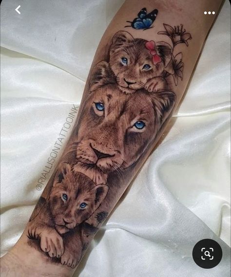 Lion And Cubs Tattoo For Women, 2 Sons Tattoo For Mom, Tiger And Cubs Tattoo, Lioness And Cubs Tattoo Mothers, Tattoos For My Daughter, Mom Of Two Tattoo, Girly Sleeve Tattoo, Cub Tattoo, Tattoo Ideas For Moms