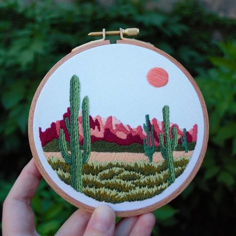 Caitlin Rose on Instagram: "The thing about embroidery, more often than not, is the longer you spend on it the better it turns out. The more you sketch and plan, the more carefully you trace, the more meticulously you place your stitches, usually the higher quality of a product you’ll end up with. It’s hard to sell that kind of mindset in a world where everyone is trying to do the most with the little time they have, and it’s even hard for me to remember while I’m making each piece. 🪡 I worked Desert Embroidery Pattern, Desert Embroidery, Embroidery Sketch, Ab Patterns, Cactus Pictures, Cactus Embroidery, Love Embroidery, Pretty Embroidery, Take For Granted