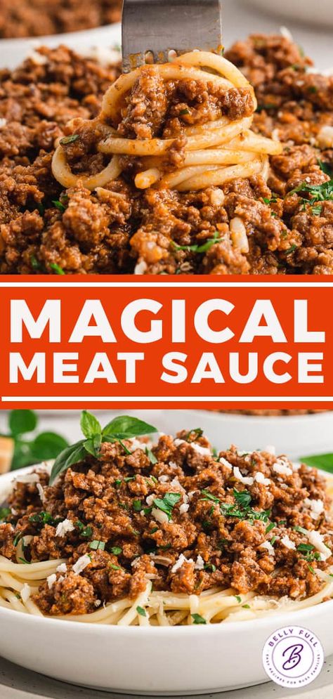 Magic Meat Sauce Recipe - Belly Full Meat Sauce For Lasagna, Meat Sauce Recipe, Beef Nachos, Recipe For Pasta, Beef Tomato, Homemade Meat Sauce, Sauce For Pasta, Pasta With Meat Sauce, Spaghetti Meat Sauce