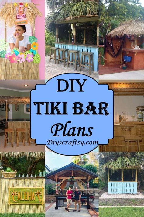 DIY Tiki Bar Plans Tiki Pool Decor, Diy Tiki Bar Ideas, Tiki Bar Decor Ideas, Outdoor Tiki Bar Ideas Backyards, Pool Bar Ideas Backyard, Tiki Bar Plans, Summer Outdoor Crafts, Diy Patio Bar, Diy Tiki Bar