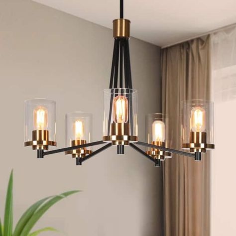 Modern Glam 5-Light Black Gold Chandelier Dining Room Chandelier with Cylinder Glass - 25" D x 7.5" H - On Sale - Bed Bath & Beyond - 36061213 Black And Gold Dining Room Light Fixture, Black Dining Room Light Fixture Modern, Black And Gold Chandelier Dining Room, Gold Chandeliers Dining Room, Roll Towels, Gold Dining Room, Modern Linear Chandelier, Dining Room Light Fixture, Clear Glass Pendant Light