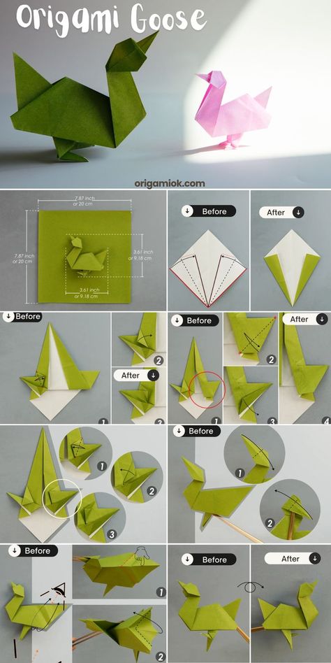 This post will guide you through the creation of a cute and unique origami goose. While origami goose and origami swan share some similarities in appearance, each has its own distinctive charm and characteristics. Our origami swan is more elegant and graceful, while this goose is more cute. Origami Goose, Origami Duck, Goose Craft, Unique Origami, Paperclip Crafts, Origami Birds, Origami Swan, Pop Up Card Templates, Origami Diagrams