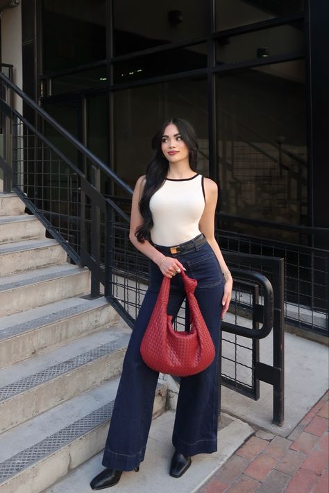 chic fall outfit - cream contrasted high neck top, dark wide leg denim, square toe boots, cherry red bag from anthropologie Cherry Bag Outfit, Cherry Red Bag Outfit, Dark Red Bag Outfit, High Contrast Outfits, Square Toe Boots Outfit, Red Bag Outfit, Square Toe Boots, Chic Fall Outfits, Dark Denim