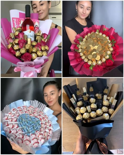 Alcohol Flower Bouquet Mini Bottles, Bouquet Of Alcohol Mini Bottles, Christmas Gift Bouquet Ideas, Drink Bouquet Gift Ideas, Sweets Bouquet Diy, Boozy Bouquet, Valentine Chocolate Bouquet, Chocolate Bouquet Ideas Creative, Mini Alcohol Bouquet