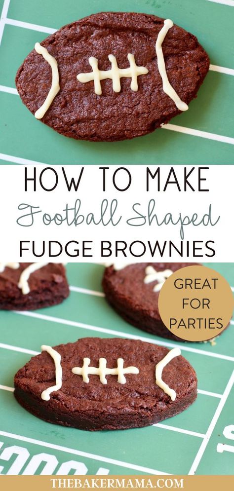 These Football-Shaped Fudge Brownies are so chewy and delicious. They make a game day victory sweeter! Made with my One Bowl Fudge Brownies, these fun treats are easy, irresistible and full of team spirit. See how simple they are to make on the blog for your next party. Football Desserts Easy, Super Bowl Brownies, Football Party Desserts, Football Brownies, Football Desserts, Game Day Food Ideas, Easy Super Bowl, Butter Cookie Dough, Pepperoni Rolls