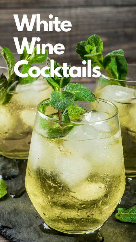 From light spritzers to drinks with a tiki theme inspiration, people get creative when it comes to making white wine cocktails. Furthermore, you can serve these versatile drinks on any occasion. Some make the perfect aperitif, while others wouldn’t be out of place on a tropical beach.  The cocktails listed below share the refreshing qualities of white wine paired with something extra for more kick and exciting flavor. via @mybartender White Wine Cocktails, White Wine Drink, Mulled White Wine, Sparkling Wine Drinks, Wine Spritzer Recipe, White Wine Cocktail, Wine Recipes Drink, White Wine Pairings, Wine Mixed Drinks