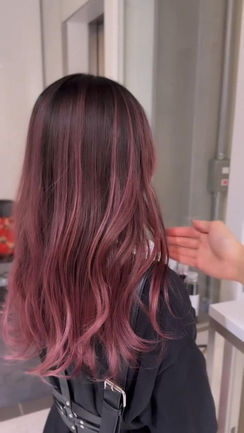 Pink Hair Brunette Balayage, Dusty Rose Peekaboo Hair, Light Pink Highlights In Brown Hair Straight, Cherry Pink Brown Hair, Dusty Pink Highlights Black Hair, Pink Hair With Dark Hair, Dark Pink Hair With Light Pink Highlights, Pink Hair On Dark Brown Hair, Pink Balayage Brunette Straight Hair