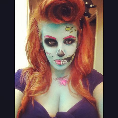 Pop Art Pinup Zombie! #pinup #zombie #halloween @thedisneypinup on Instagram! Rockabilly Zombie Costume, Zombie Pinup Makeup, Pop Art Zombie Costume, Zombie Diy, Comic Book Zombie Makeup, Popart Zombie Makeup, Pinup Zombie, Vintage Zombie, Zombie Pinup