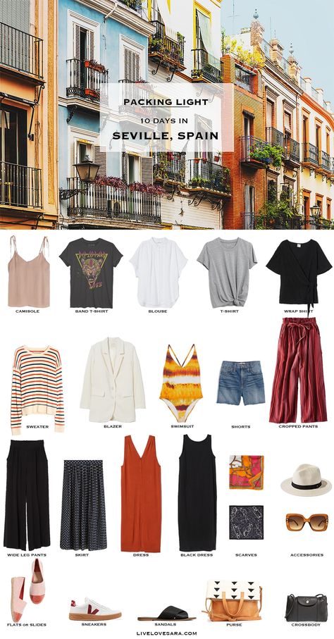 Spain In May Outfits, Trip To Spain Outfits, Packing List For Spain, Pack For Spain, Spain Packing List, Spain Outfit Ideas, Spain Travel Outfits, Summer Packing Lists, Spain Style