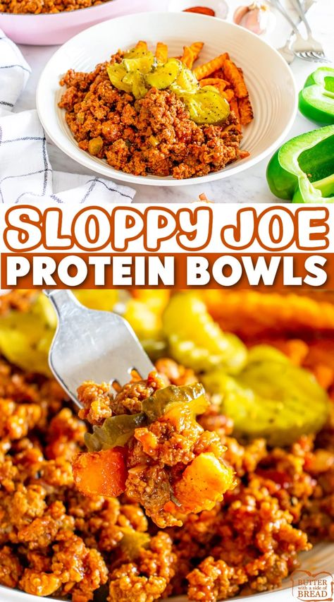 SLOPPY JOE BOWLS - Butter with a Side of Bread Bariatric Sloppy Joes, Healthier Sloppy Joe Recipe, Leftover Sloppy Joe Recipes, Bariatric Super Bowl Food, Healthier Super Bowl Food, Ground Beef Protein Bowl, Sloppy Joe Meal Prep, Ground Beef Bowls Healthy, Low Carb Sloppy Joe Recipe