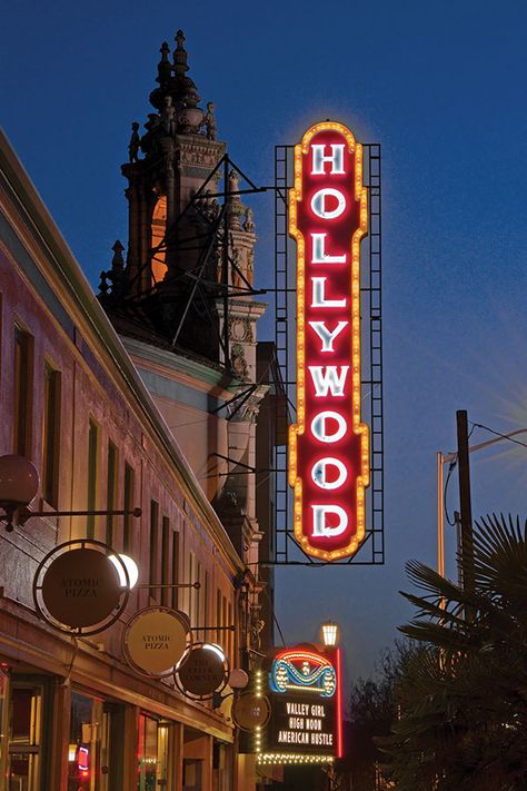 Valley Girl, High Noon and American Hustle top  the bill at the Hollywood Theatre. Vintage Movie Theater, Hollywood Theater, Old Neon Signs, Roadside Signs, American Hustle, Neon Signage, Valley Girl, Hollywood Sign, High Noon