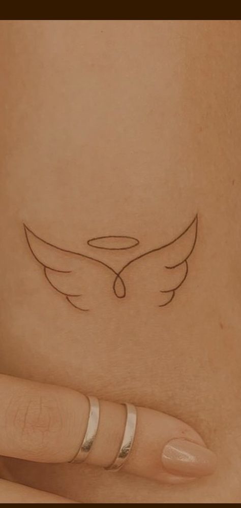 Angle Halo Tattoo, Simple Halo Tattoo, Small Dainty Angel Wing Tattoo, Simple Angle Tattoos, Pretty Wings Tattoo, 11:11 Tattoo Angel Wings, Angel Tattoo Minimalist Simple, Aesthetic Angel Wings Tattoo, Halo Tattoo Ideas Guardian Angels