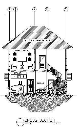 Cross-section details of the G+1 house AutoCAD DWG drawing file is provided. Download the AutoCAD 2D DWG file. - Cadbull Building Cross Section, Cross Section Architecture, Autocad Landscape, Cross Section Drawing, Section Drawing, Building House Plans Designs, Building Landscape, Hotel Building, Town Planning