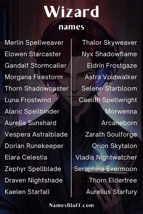 Wizard Names Boys, Wizard Names, Dnd Names, Magician Names, Fantasy Character Names, Best Names, Names For Characters, Dnd Magic, Writing Inspiration Tips