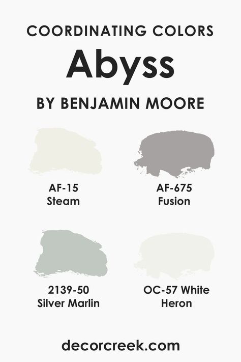 For Abyss 2128-20, the following are excellent coordinating shades: OC-57 White Heron: A clean white with no overwhelming undertones. AF-15 Steam: A warm, steamed milk hue. AF-675 Fusion: A soft lavender with muted undertones. BM 2139-50 Silver Marlin: A subdued aqua shade. Adding to the palette, consider BM 2136-70 Whispering Spring, a light periwinkle; BM 2153-70 Morning Sky Blue, a refreshing pale blue; and BM 2056-70 Icy Moon Drops, a cold, almost translucent blue. Light Periwinkle, White Heron, Steamed Milk, Trim Colors, Soft Lavender, Grey Clouds, Morning Sky, Quiet Moments, Making Waves