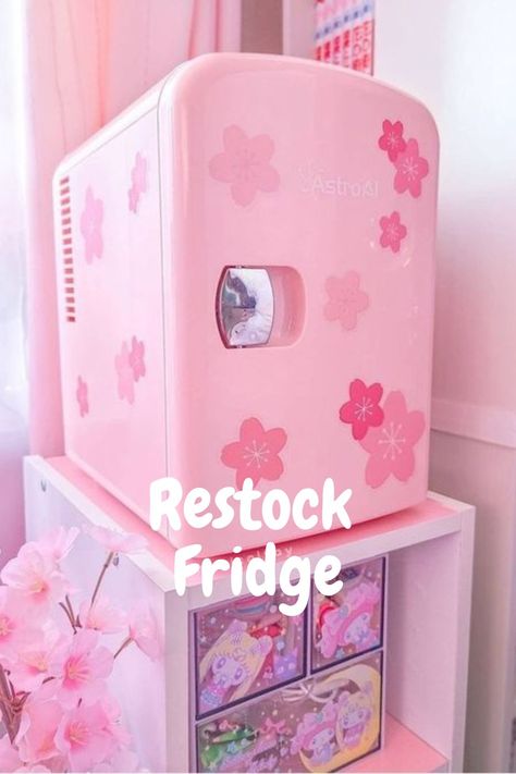 Sanrio Mini Fridge, Mini Frigerator Cute, Preppy Mini Fridge, Cute Mini Fridge In Bedroom, Kawaii Mini Fridge, Cute Mini Fridge, Restock And Refill Videos, Mini Fridge Restock, Mini Fridge In Bedroom Aesthetic