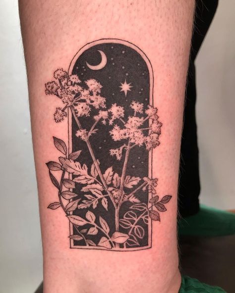 Night Related Tattoos, Back Of Arm Tattoo Cover Up, Pretty Cover Up Tattoos, Night Garden Tattoo, Cover Up Moon Tattoo, Night Inspired Tattoos, Night Scene Tattoo, Monsoon Tattoo, Window Tattoo Ideas