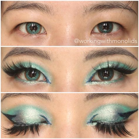 Monolids Makeup, Turquoise Makeup Looks, Fox Eye Makeup, Turquoise Makeup, Eyeshadow For Hooded Eyes, Monolid Eye Makeup, Monolid Eyes, Purple Eyeliner, Makeup Memes