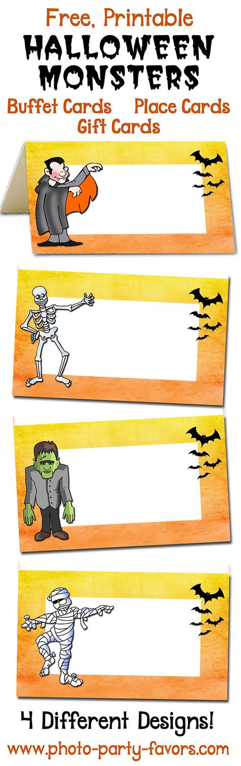 FREE Printable Monsters Halloween buffet cards - Label your scarey Halloween party food with ghoulish names! Can also be used as place cards, folding tent cards or gift tags! More printables and other party stuff at http://www.photo-party-favors.com/ Halloween Food Labels Ideas, Halloween Kalas, Birthday Party Food Buffet, Buffet Cards, Graduation Party Backdrops, Halloween Buffet, Printable Place Cards, Free Printable Halloween, Recipes Halloween