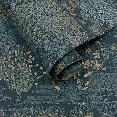 Imitating an embroidered scene inspired by the beauty of nature and Japanese gardens, this design features tall reeds and lush trees with a gentle metallic lustre effect. Seen here in the Blue colourway. Japanese Garden Wallpaper, Holden Wallpaper, Decoration Hall, Albany Wallpaper, Scene Drawing, Garden Wallpaper, Wallpaper Accent Wall, Metallic Luster, Japanese Gardens