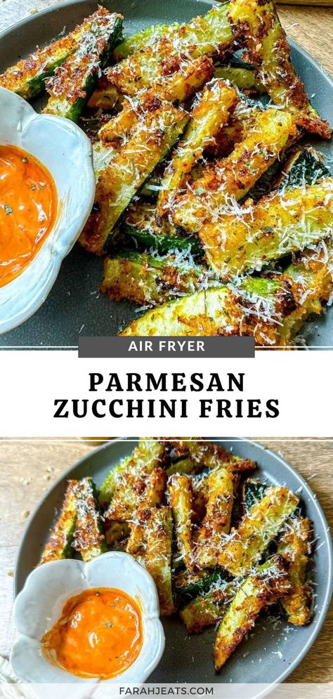 2 photos of air fryer parmesan zucchini fries served on a grey plate, with a serving of spicy mayo dipping sauce. Healthy French Fries Alternative, Healthy Dinner Zucchini, Fries Alternative, Air Fryer Parmesan Zucchini, Gluten Free Vegetarian Appetizers, Zucchini Fries Recipe, Paleo Food Ideas, Dinner Zucchini, Healthy French Fries