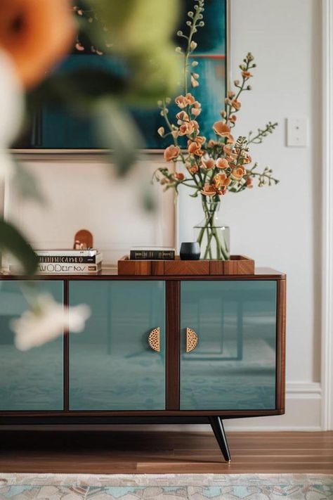 Dining Room Sideboard - Elevate Your Space with These Ideas Sideboard Painting Ideas, Glass Sideboard Styling, Dresser In Dining Room Ideas, Dining Room Buffet Wall, Buffet Styling Dining Room, Dinning Room Buffet Cabinet, Coloured Sideboard, Buffet Cabinet In Dining Room, Blue Sideboards And Buffets