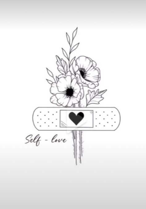 Self Love Tattoo Meaningful, Tattoos Representing Self Love, Tattoo Designs Self Love, Tattoo Drawings Self Love, Self Love Floral Tattoo, Self Love Drawing, Self Love Fine Line Drawing, Self Love Line Art, Simple Heart Tattoos