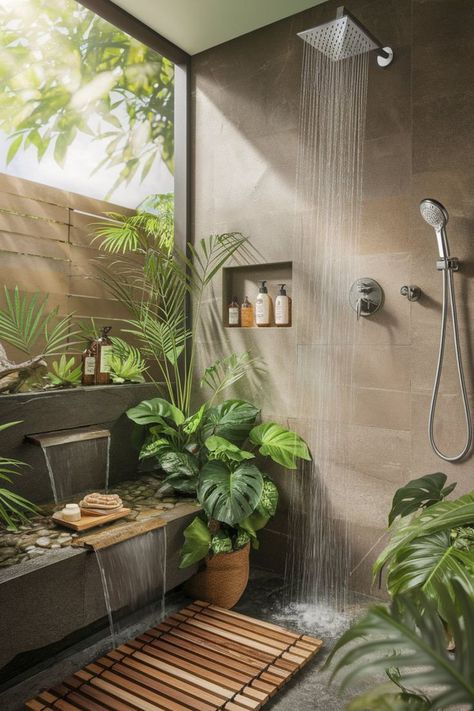 Modern spa bathroom with glass shower enclosure and ambient lighting. Tropical Modern Bathroom, Modern Spa Bathroom, Hawaiian House, Spa Vibes, Bathroom Redecorating, Spain House, Indoor Outdoor Bathroom, Modern Spa, Flexible Furniture