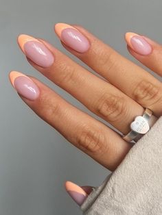 Peach Nail Tips, Peachy French Tip Nails, Peach French Manicure, French Peach Nails, Pastel Orange Nails Peach, Peach French Tips, Coral French Tips, Peach French Tip Nails, Coral French Tip Nails