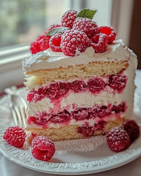 Raspberry Cream Cheese Layer Cake Cream Cheese Delight, Cream Cheese Layer Cake, 4 Birthday Cake, Raspberry Layer Cake, Super Moist Chocolate Cake, Raspberry Cream Cheese, Cheesecake Layer, Birthday Cake Decorating Ideas, Fruity Cake