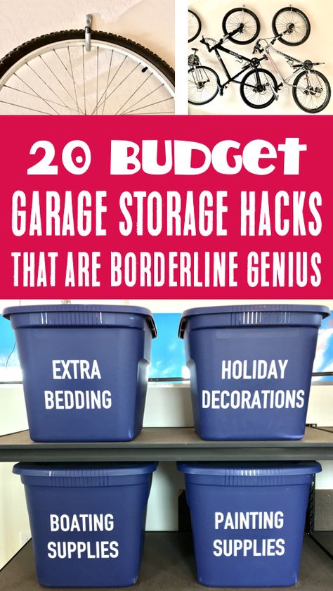 Garage Organization Cheap, Garage Storage Hacks, Small Garage Organization, Organization Ideas On A Budget, Messy Garage, Garage Storage Plans, Garage Clutter, Diy Garage Cabinets, Creative Ways To Save Money