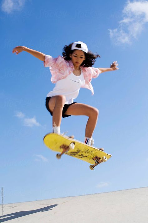 "Teen-girl Make An Ollie On A Skateboard" by Stocksy Contributor "Irina Ozhigova" - Stocksy Girl Playing Soccer, Skateboard Photos, Life Drawing Reference, Skate Girl, Skateboard Girl, Figure Photo, Human Reference, Photography Posing Guide, Body Pose Drawing