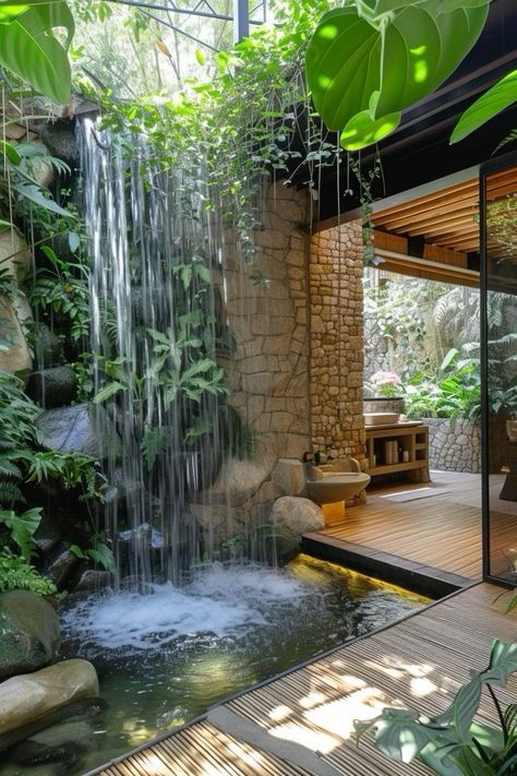 Interior Fountain Indoor Waterfall, Waterfall Ideas For Home, Waterfall Interior, Interior Waterfall, Colonial House Interior Design, Spa Design Interior, Ellen Fisher, Easy Outdoor Projects, Dream House Layout