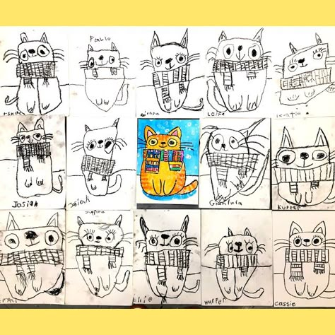 Cat Art Projects For Kids, Shapes Lessons, Elementary Art Ideas, Art Sub Plans, Winter Art Lesson, Kindergarten Art Lessons, Cassie Stephens, Winter Drawings, 1st Grade Art