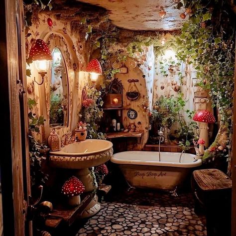 Secret Garden Bathroom, Fantasy Bathroom Ideas, Fairy Themed Bathroom, Enchanted Forest Bathroom, Fairy Toilet, Fairy Garden Bathroom, Fairycore Interior, Fairycore Bathroom, Fairy Home Aesthetic