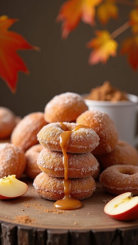 Caramel Apple Cider Donut Holes Caramel Apple Donut, Apple Cider Donut Holes, Apple Donut, Apple Doughnut, Caramel Apple Cider, Easy Desserts Recipes, Rolls Homemade, Apple Donuts, Apple Cider Caramels