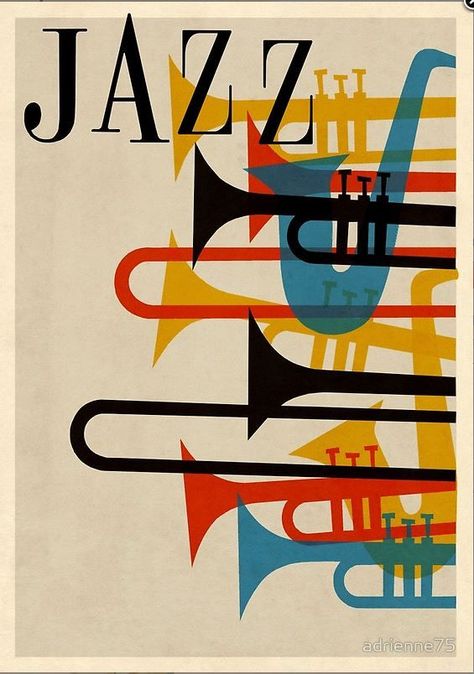 jazz music spirit sax trumpet horn saxophone french beatnik vintage retro hip hep 1950s 50s poster graphic 1950's 50's red blue yellow black festival Arte Jazz, Poster Grafico, 동화 삽화, Jazz Poster, Jazz Art, 타이포그래피 포스터 디자인, Jazz Musicians, Jazz Festival, Album Cover Art