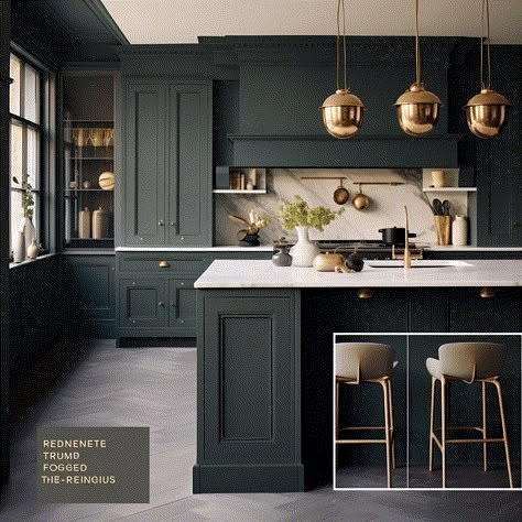 30 Kitchens designs with dark cabinets to inspire you Modern Kitchen With Green Cabinets, Dark Kitchen Light Floors, Dark Green Kitchens Modern, Dark Green Kitchen Cabinets Modern, Dark Green Kitchen Cabinets Silver Hardware, Modern Kitchen Cabinet Design Green, Dark Green Kitchen Black Handles, Dark Green Cabinets Kitchen, Dark Green Kitchen Cabinets