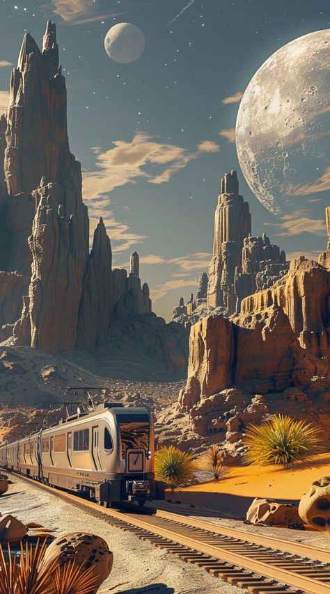 Alien Worlds Landscape, 1950s Space Art, Futuristic Train, Desert Scape, Space Train, Galaxy Quest, Night Cafe, Sci Fi Landscape, Two Moons